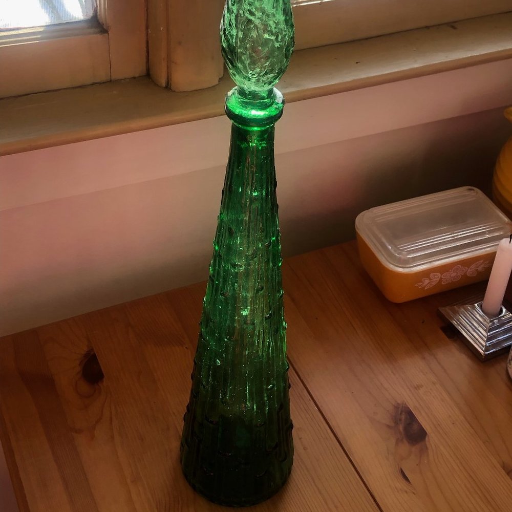 VINTAGE 20" Green Genie Bottle Decanter MCM W/ Stopper